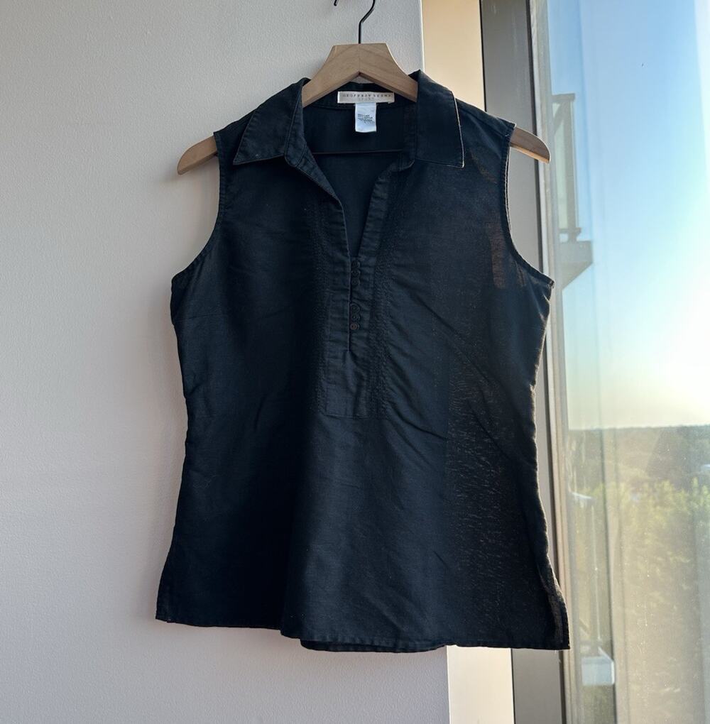 Geoffrey Beene Sport Black Linen Cotton Woven Collared Button Blouse Women's L